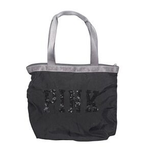 Victoria's Secret PINK Zipper Tote Beach Bag Black w/ Sequin Lettering 19x16 Y2K